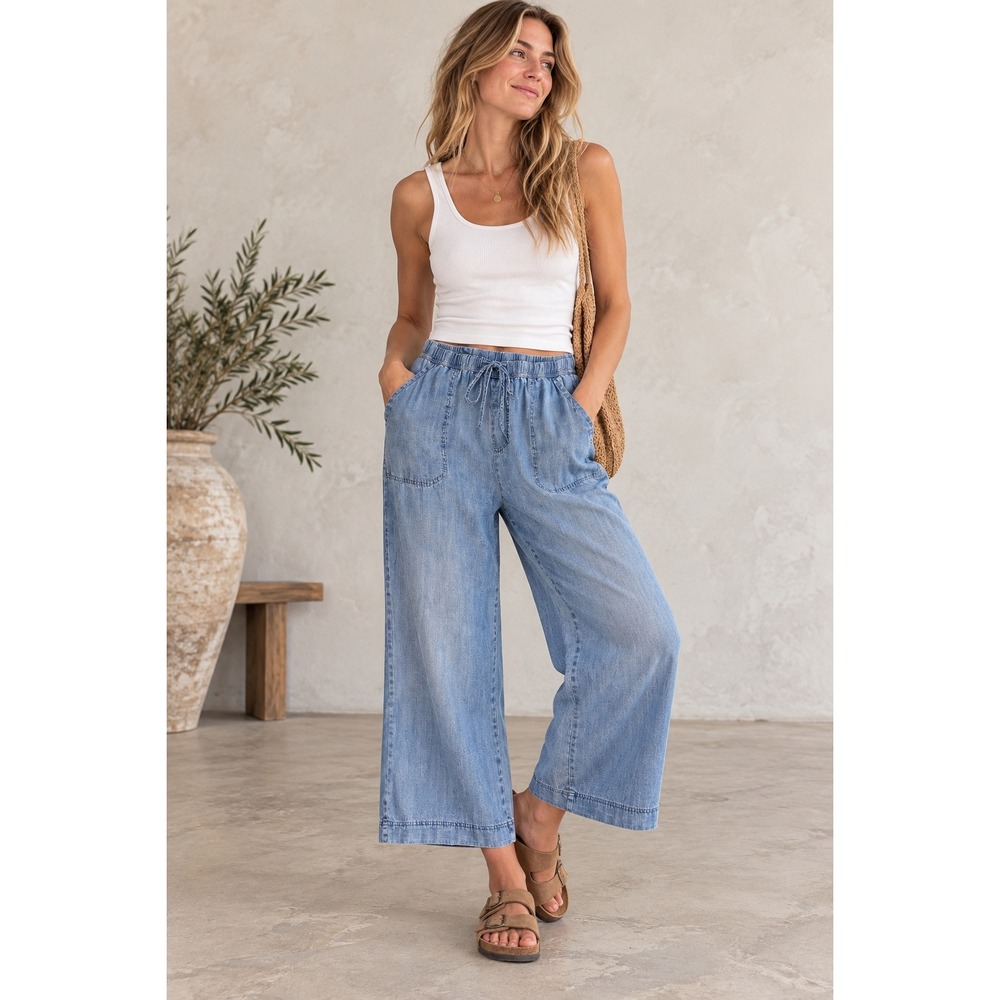 Mustard Seed Phoebe Jeans Light Wash Wide Leg Lyocell Pants Blue Large DS1004